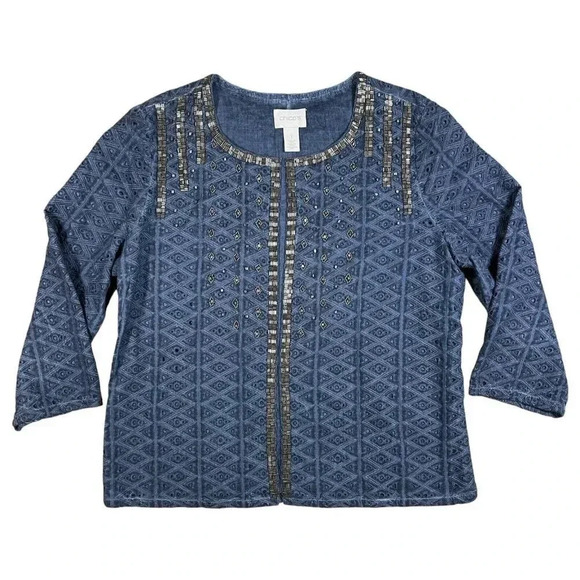 Chicos Blue Studded Beaded Embroidered Eyelet Cardigan Jacket Size 1 US Medium - Picture 1 of 8